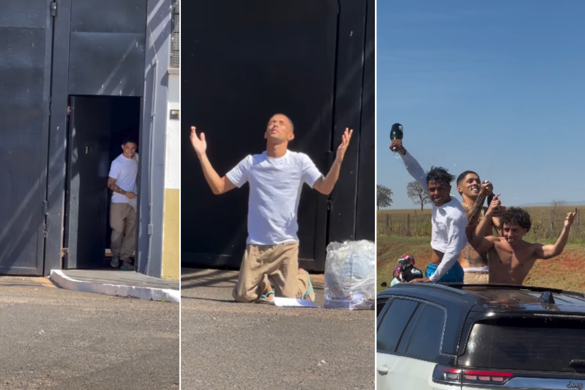 Influenciador Buzeira é solto no interior de SP, se ajoelha em agradecimento e é recebido por fãs