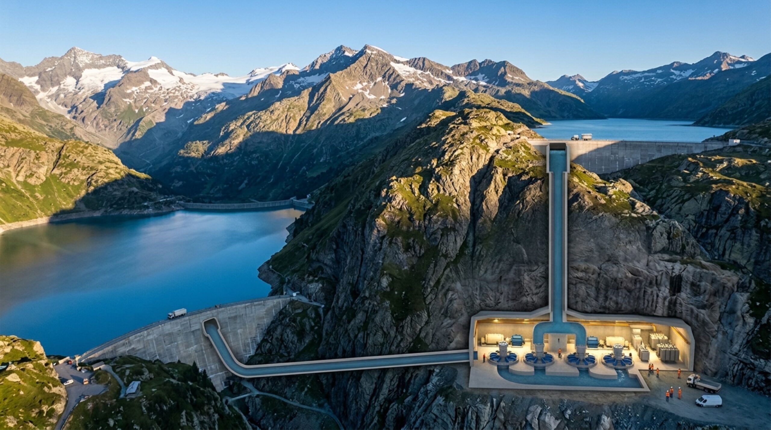 Usina reversível nos Alpes suíços funciona como bateria gravitacional com água