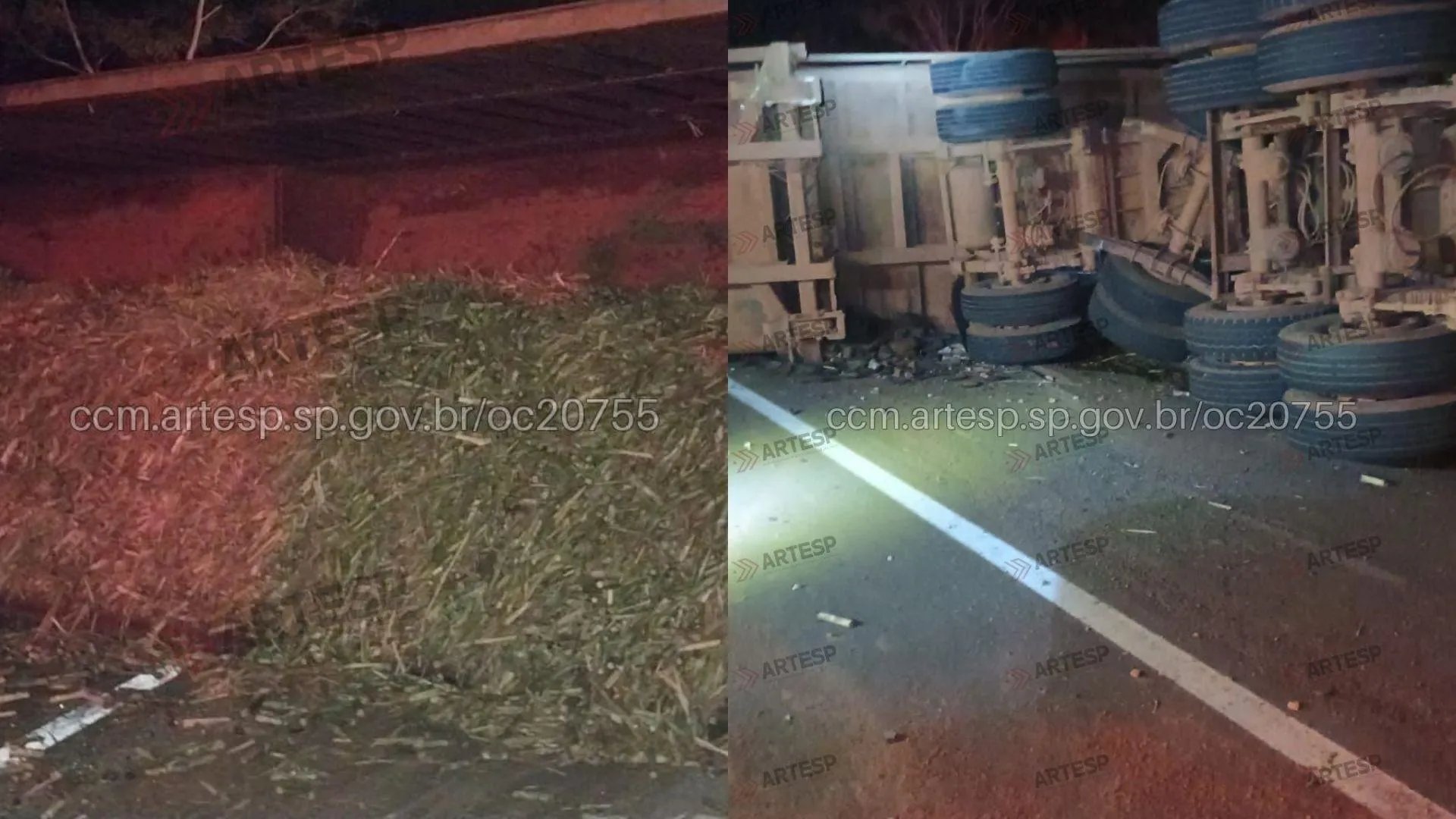 Carreta carregada com cana tomba na SP-294 após tentar desviar de carro