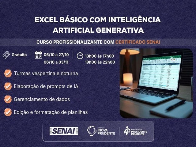 Inova e Senai abrem inscrições para curso gratuito de Excel com Inteligência Artificial