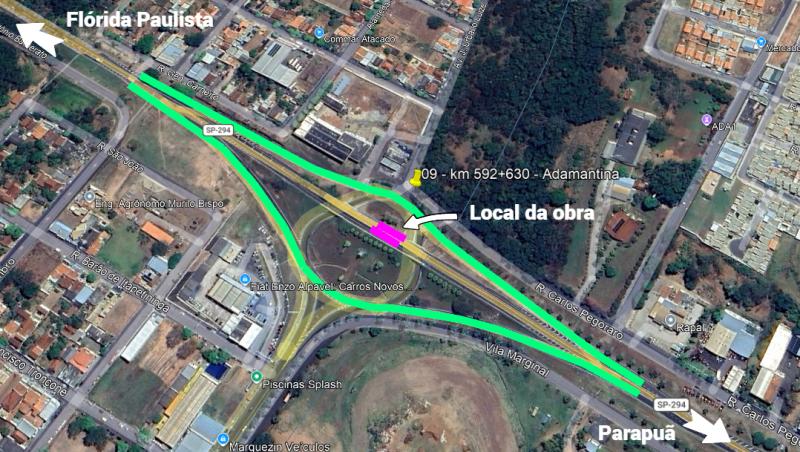Obras no km 592 da SP-294, em Adamantina, avançam com interdição de faixas e desvio por alças