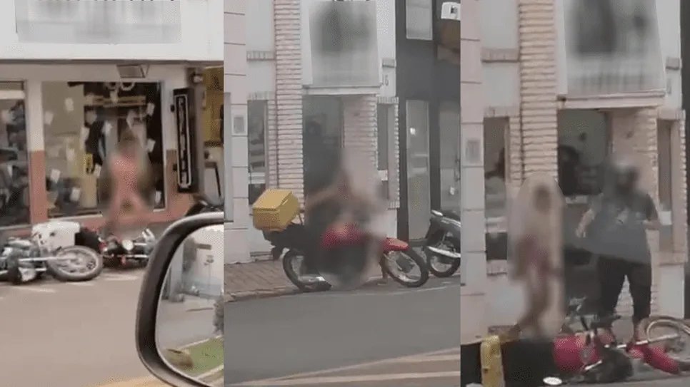 Homem sem roupas derruba motos no Centro de Presidente Epitácio e é imobilizado por motociclistas