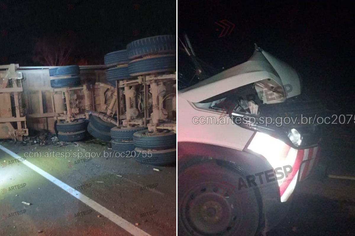 Carreta tomba na SP-294 em Inúbia Paulista após ultrapassagem e interdita rodovia