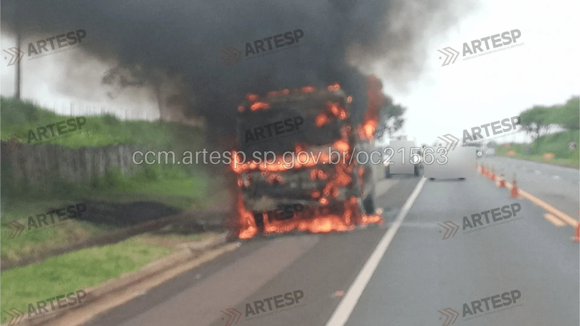 Micro-ônibus pega fogo no km 576 da SP-294, em Osvaldo Cruz