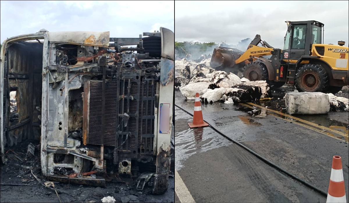 Caminhão com algodão tomba e pega fogo na SP-483, em Nantes