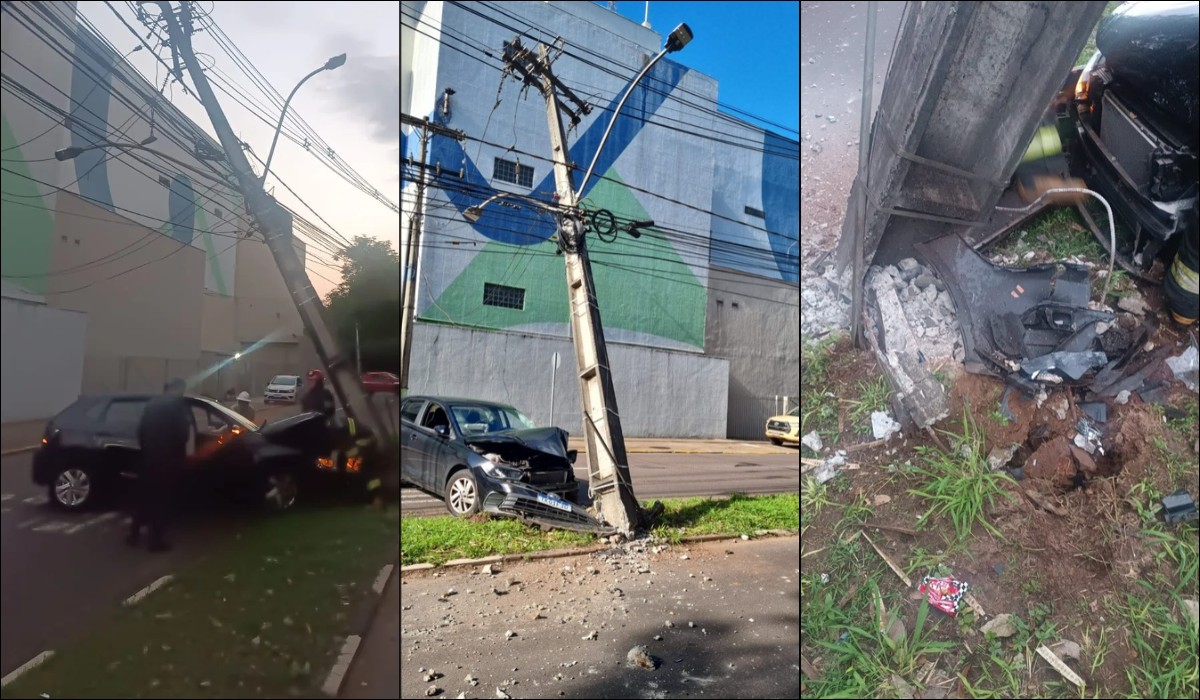 Carro bate em poste e interdita Avenida Washington Luiz em Presidente Prudente
