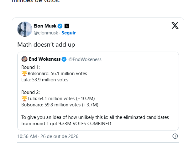 Musk e Bannon questionam resultado de eleição no Brasil e falam em conta que não fecha