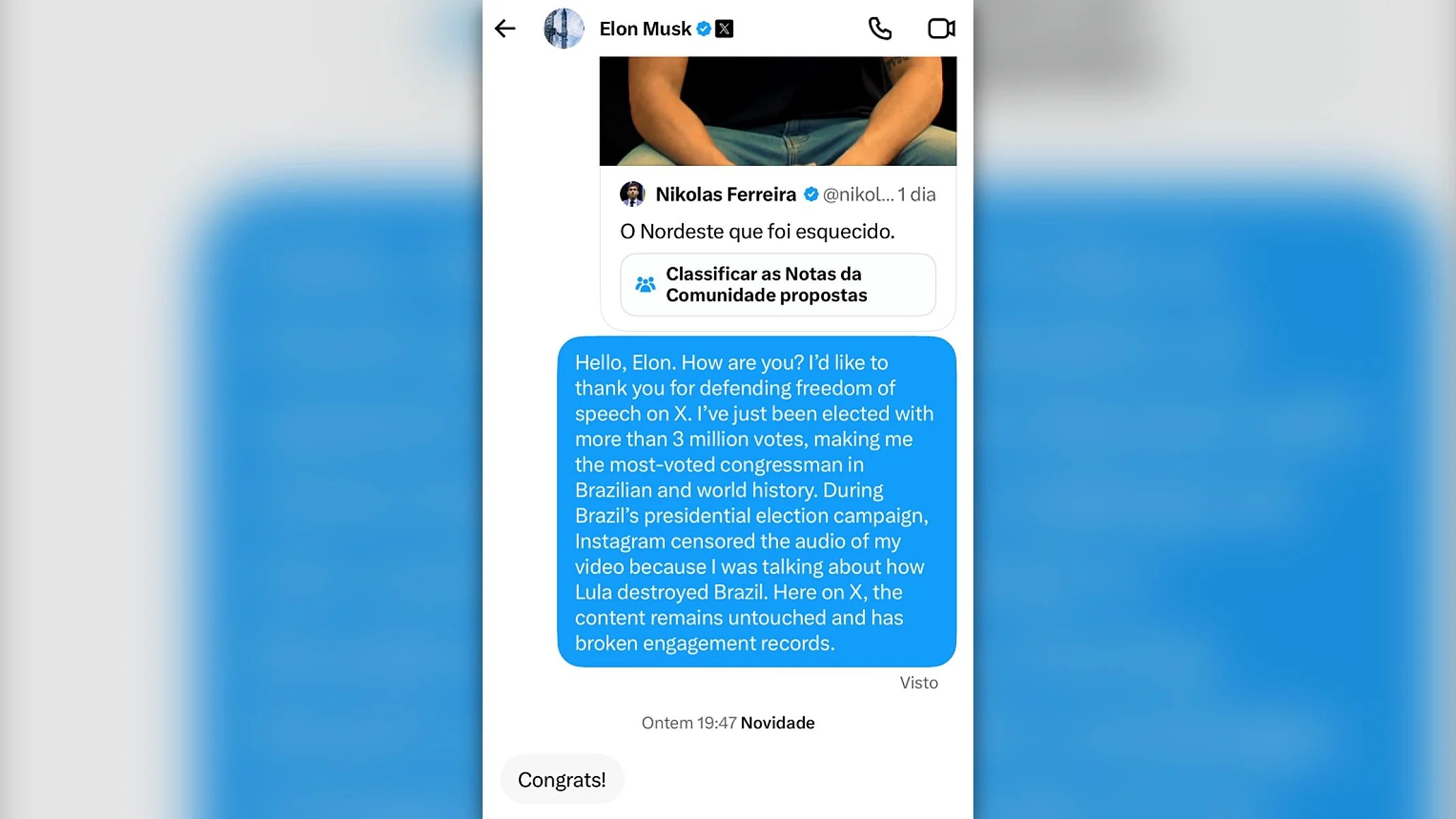Nikolas Ferreira compartilha resposta de Elon Musk a vídeo sobre o Nordeste